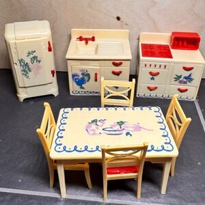 Vintage Renwal Dollhouse Kitchen Furniture Set‎ 9pc Plastic Refrigerator SinK